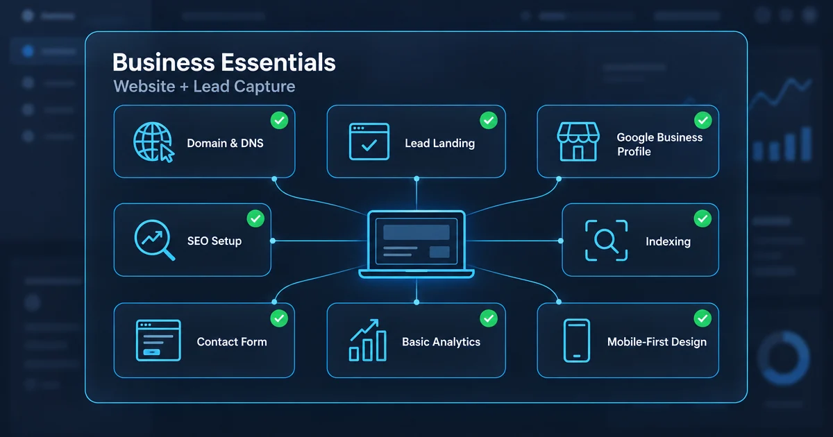 Business Essentials package: domain and DNS, lead landing page, Google Business Profile, SEO setup, indexing, contact form, basic analytics, and mobile-first design